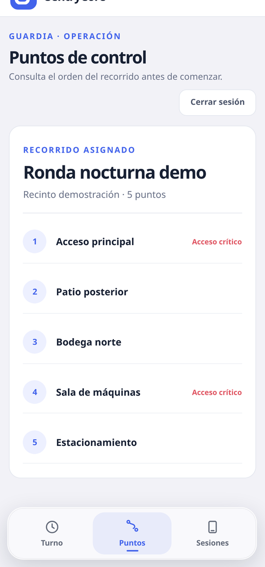 Pesta&ntilde;a Puntos de la app: recorrido asignado con cinco puntos de control numerados y dos marcados como acceso cr&iacute;tico.