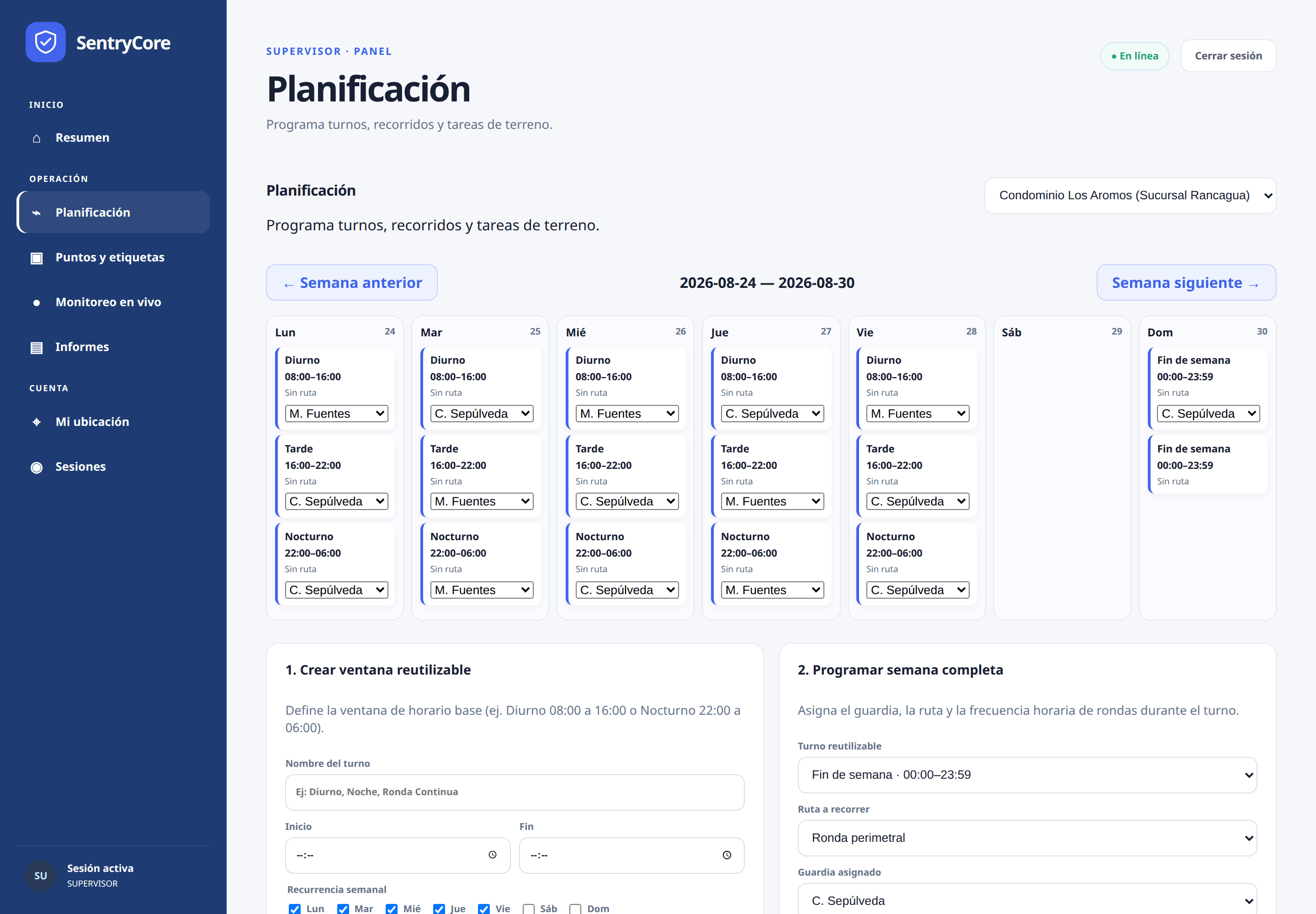 Planificaci&oacute;n semanal con turnos diurno, tarde y nocturno asignados de lunes a viernes.