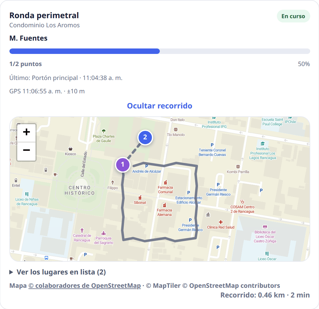 Tarjeta de una ronda en curso con avance 1 de 2 puntos y el recorrido dibujado sobre el mapa.